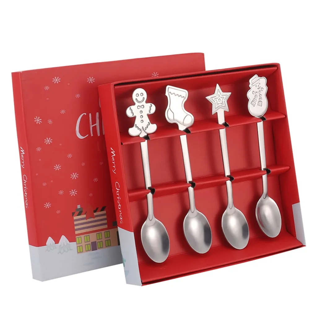 Weihnachten Kaffeelöffel,4 Stück Weihnachtslöffel,Dessertlöffel Mischlöffel Teelöffel,für Teesuppe,Geschenkbox Verpackung (Silber)